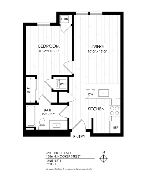 Floor plan for 1 bed, 1 bath, 520 sqft